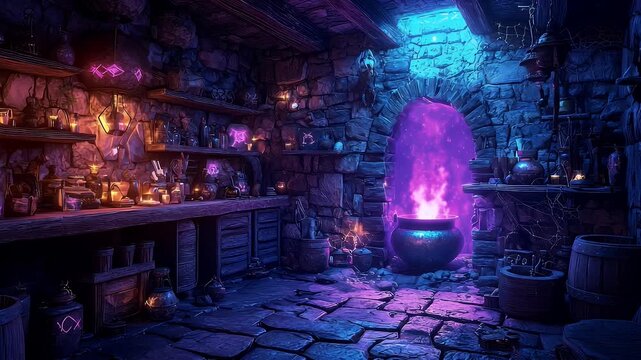 Witch&rsquo;s lair background with bubbling cauldron, potion shelves, and glowing magical runes