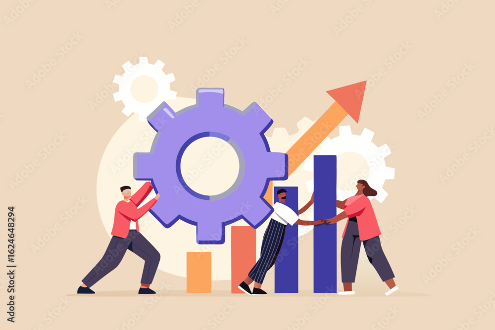 Poster diverse team collaborates to push a large gear and support a rising bar graph with an upward arrow