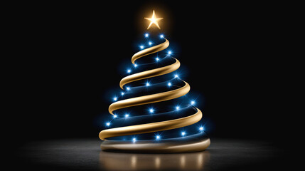 Minimalist abstract Christmas tree with shining gold and blue spiral lights on a dark black festive background