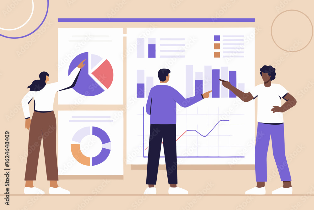 Poster diverse team of professionals analyzing financial data and charts on a presentation board