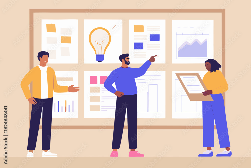 Poster diverse team collaborating on a project presentation with charts and a lightbulb idea symbol on a bo