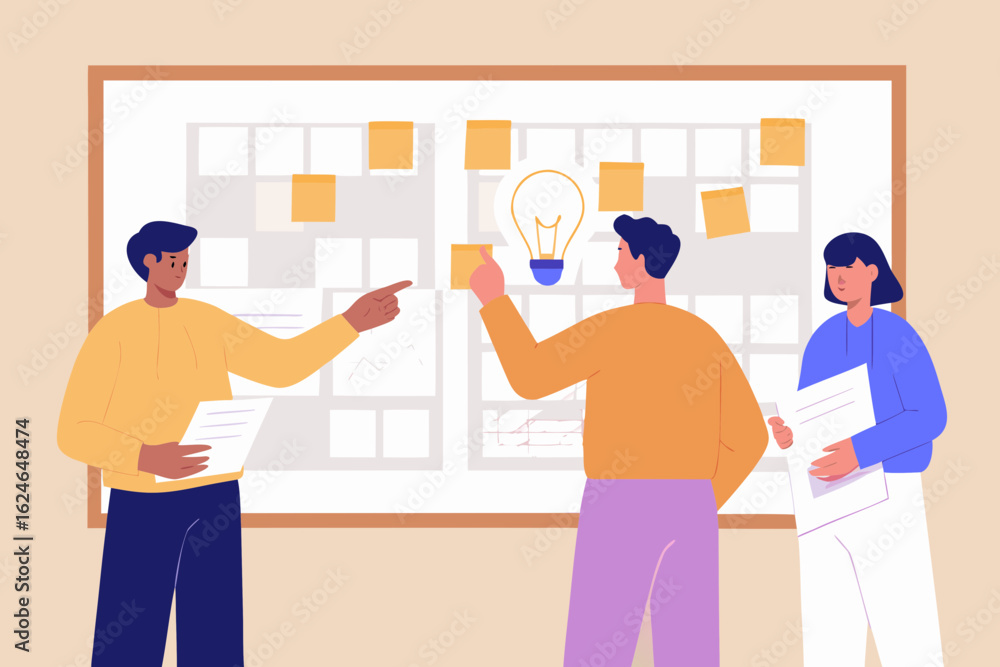 Poster diverse team collaborating on a whiteboard with sticky notes and a lightbulb symbolizing a new idea
