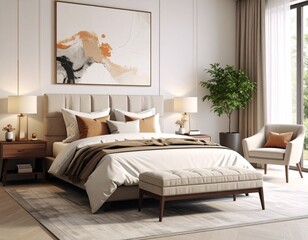 Luxury Beige Bedroom Interior Design: Elegant Master Suite with Modern Furniture