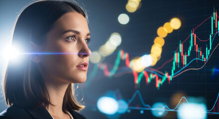 Visionary businesswoman analyzing futuristic stock exchange data on a holographic chart