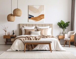 Serene Bedroom Design: Neutral Tones & Textured Details
