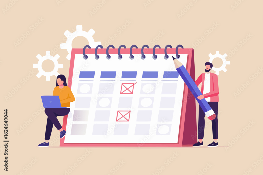 Poster teamwork planning and scheduling tasks on a large calendar with a laptop and pencil