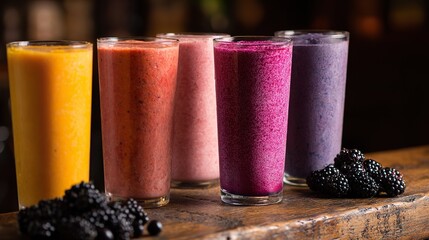 A row of colorful smoothies served in tall glasses, lined on an oak bar, with bright shades of pink, orange, purple, thick mixed liquids, tropical healthy vibes, perfect for food backgrounds.