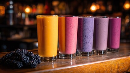 A row of colorful smoothies served in tall glasses, lined on an oak bar, with bright shades of pink, orange, purple, thick mixed liquids, tropical healthy vibes, perfect for food backgrounds.