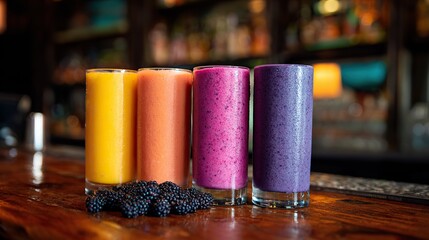 A row of colorful smoothies served in tall glasses, lined on an oak bar, with bright shades of pink, orange, purple, thick mixed liquids, tropical healthy vibes, perfect for food backgrounds.