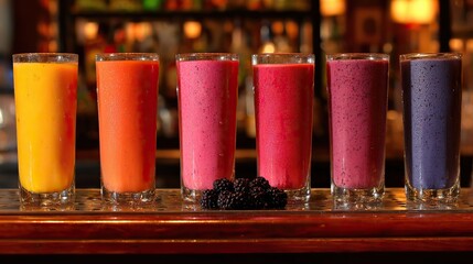 A row of colorful smoothies served in tall glasses, lined on an oak bar, with bright shades of pink, orange, purple, thick mixed liquids, tropical healthy vibes, perfect for food backgrounds.