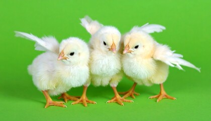 Three fluffy yellow chicks stand together on a green background, wings slightly outstretched