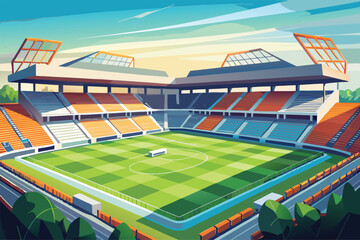 Aerial view of an empty green grass football stadium with blue seats and a track in the morning cityscape
