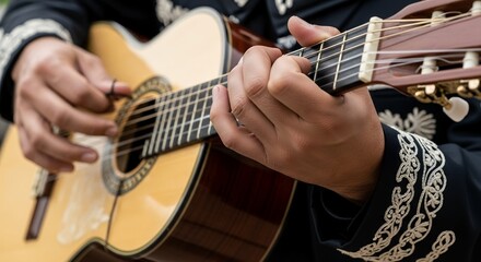 Close-up of mariachi hands playing classical guitar with pick, concept for music performance, cultural events and traditional celebrations of Mexico.