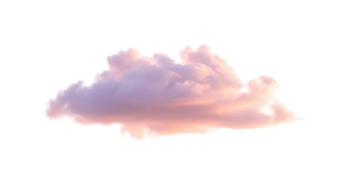 A singular, soft, ethereal cloud with wispy textures, pastel pink, lavender, light orange hues, isolated against a pristine transparent background with extensive copy space, illuminated by soft