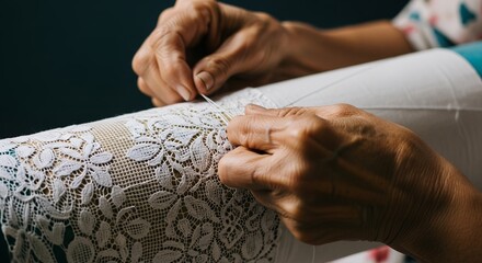 Close-up of artisan's hands meticulously sewing intricate floral lace with needle and thread. Concept for vintage fashion, textile design, and traditional craft revival, reflecting elegance and