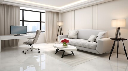 Luxury studio apartment interior design with minimalist cream sofa, desk and comfortable curved chair, laptop in center, 3D Illustrations. 3D Rendering,