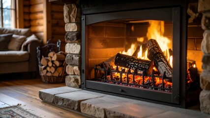 Cozy fireplace with burning logs
