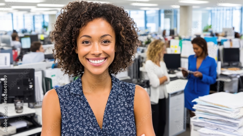 Poster woman smiling in busy office environment with colleagues working at desks and computers