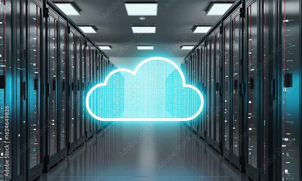Poster a glowing cloud icon in a server room with rows of server racks and bright ceiling lights visible