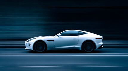 Obraz premium A sleek sports car in motion, showcasing speed and dynamic lighting on a simple road.