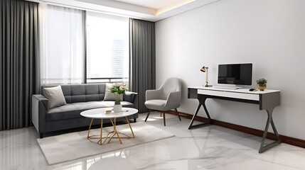 Fototapeta premium Luxury studio apartment interior design with corner grey corduroy sofa, minimalist floating wooden desk and steel chair with MacBook, 3D Illustrations. 3D Rendering,