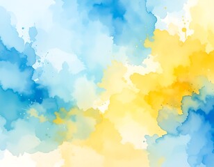 Obraz premium Abstract watercolor wash in blue and yellow tones, creating a blend of soft clouds