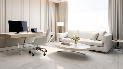 Luxury studio apartment interior design with plush ivory sectional sofa, minimalist wooden desk in corner with sleek chair and open silver laptop, 3D Illustrations. 3D Rendering,