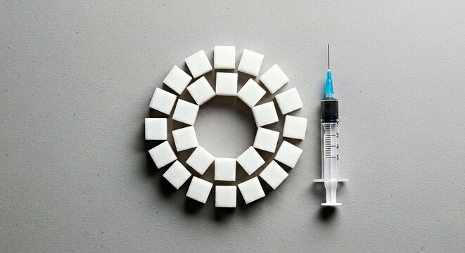 Sugar addiction and syringe: A graphic still life depicts a visual metaphor of sugar addiction and health risks, with a ring of sugar cubes next to a syringe.