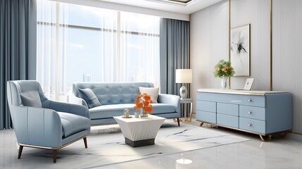 Luxury studio apartment interior design with cozy sky blue sofa set,  mid-century style office corner with angular desk, soft leather chair and silver laptop, 3D Illustrations. 3D Rendering,
