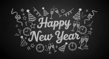 New Year's Chalkboard Celebration: A chalkboard illustration elegantly spells out Happy New Year, surrounded by festive elements like champagne glasses, party hats, clocks, and streamers.
