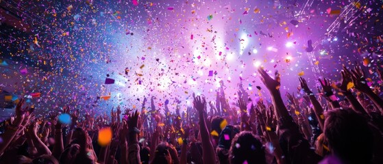 The energetic crowd celebrating with confetti at a vibrant concert event.