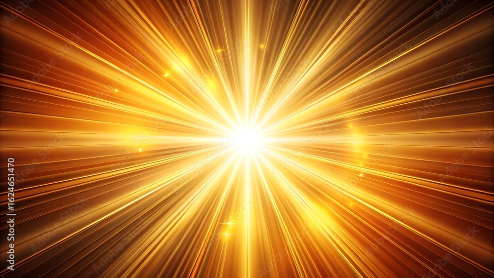 Poster golden starburst explosion of light and energy with radiating beams and sparkles, creating a vibrant