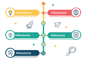 Colorful infographic timeline template with five milestones, editable icons, and text space on clean white vector background