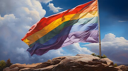 The rainbow pride flag billowing in the wind, symbolizing love and inclusivity against a bright sky.