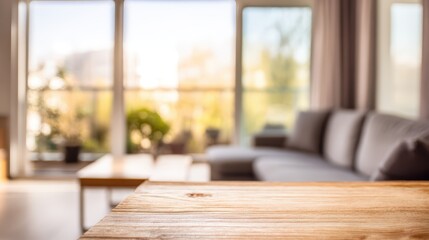 Wooden tabletop with blurred modern living room background: cozy interior, sofa, plants, windows for product display mockup.