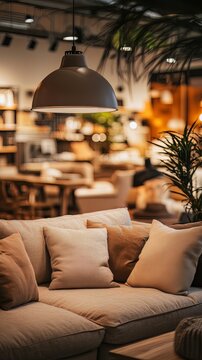 A furniture store decorated with soft textiles and cozy lighting, warm and inviting atmosphere, clean and professional composition, copy space, natural color, minimalism, stock photography