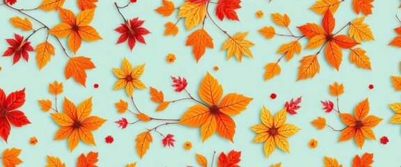 Fototapeta premium High-angle view of a seamless autumn floral pattern on a pale blue background, sunflower, aster