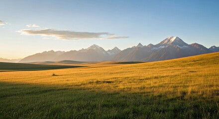 Fototapeta premium Golden Meadow and Majestic Mountains: A breathtaking panoramic view of a vast golden meadow stretching towards a majestic mountain range, bathed in the warm light of sunrise or sunset.