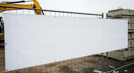 A large blank white banner on a temporary metal fence at a construction site.