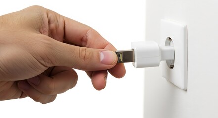 A person's hand plugging a white electrical charger into a wall socket, illustrating power connection and modern technology use