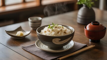 Steaming Japanese Rice Bowl with Herbs and Spices on a Wooden Table, Authentic Asian Comfort Food Hot Rice with Furikake and Tea, Traditional Home-Cooked Rice with Garnish and Chopsticks