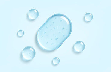 Drops of moisturizing gel or serum. Realistic transparent drops of hyaluronic acid. Cosmetic product for skin care. Vector illustration