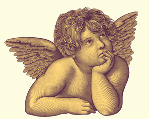 Pensive angel. Art detailed editable illustration. Vector vintage engraving. 8 EPS