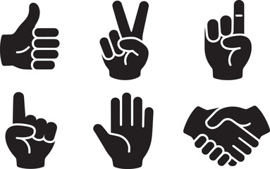 Diverse Hand Gesture Icon Set Expressing Approval, Peace, Direction, and Agreement on Transparent Backdrop