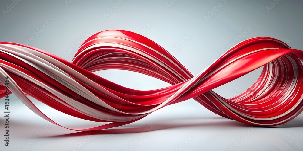 Poster abstract red and white striped ribbon or fluid swirling in a dynamic wave, isolated on a grey backgr