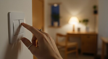A close-up shot of a hand turning off a light switch in a dimly lit room, illustrating energy conservation and nighttime routines