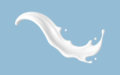 Realistic milk splash wave on blue background. Vector dairy or cosmetic concept