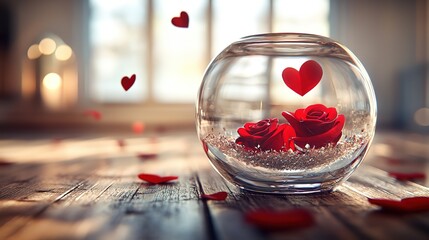 Clear Glass Vase with Red Pink Roses, Flying Petals Top View, Valentine's Day Romantic Natural Light High Detail

