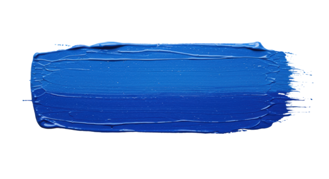 Isolated horizontal blue paint brush stroke, vibrant cerulean and deep blue with visible marks and rich texture, smooth transitions, crisp contours, on a clean transparent background with copy space,