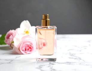 A glass perfume bottle sits on a marble surface, surrounded by pink roses and orchids, suggesting a beauty product.